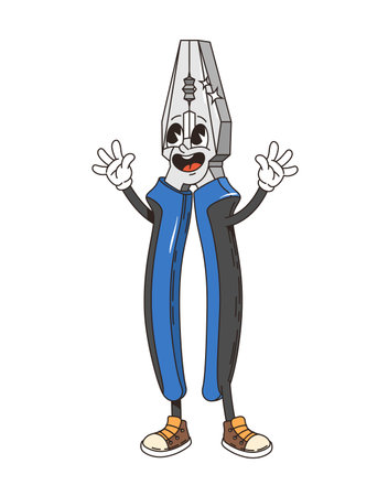 Retro groovy pliers tool character. Isolated cartoon vector funky diy, building and repair construction device or instrument personage with goofy grin, eyes wide open and arm raised in comical poseのイラスト素材