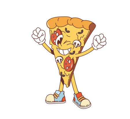 Retro groovy pizza slice character. Isolated cartoon vector fun fast food pizzeria personage with a smile, mushrooms, pepperoni and cheese, wears colorful sneakers, embodying a joyful energetic vibesのイラスト素材