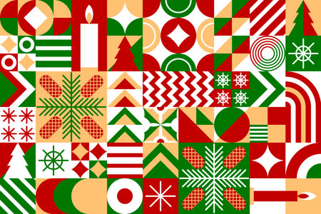 Modern Christmas abstract geometric background with holiday vector Bauhaus pattern. Retro simple mosaic pattern of Christmas tree, candle and snowflake or gift ribbon in Bauhaus geometric shape styleのイラスト素材