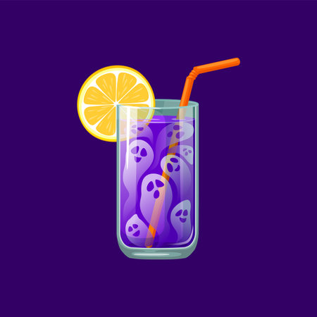 Halloween cocktail, spooky ghostly elixir. Isolated cartoon vector party drink features a mysterious, dark purple potion garnished with ghosts, offering a chilling and deliciously haunting experienceのイラスト素材