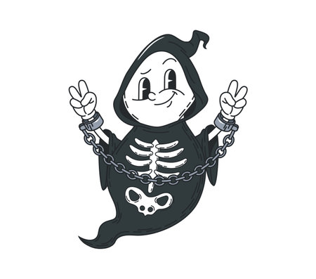 Cartoon groovy Halloween ghost character for holiday horror night, vector retro cartoon. Groovy funny boo ghost in skeleton sheet costume in shackles chains with funky face for Halloween holidayのイラスト素材