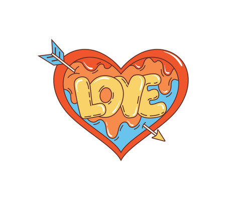 Retro groovy heart, pierced by an arrow, hippie symbol. Isolated cartoon vector vibrant heart shape, filled with the word love in bold, yellow letters with paint dripping effect. Valentine street artのイラスト素材