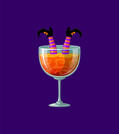 Halloween cocktail with a witch legs adorned with striped stockings and boots with buckles sticking out the orange bubbling liquid, Isolated cartoon vector chilling drink, spooky bar menu beverageのイラスト素材