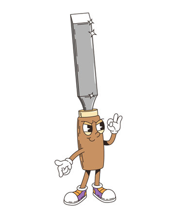 Retro groovy chisel bit tool character. Isolated cartoon vector funny diy, building, construction and repair instrument with googly eyes and mischievous grin, ready for creative carpentry workshopのイラスト素材