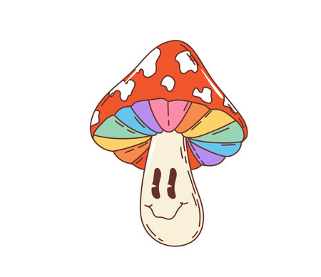 Retro groovy mushroom character. Isolated cartoon vector hippie, psychedelic amanita fungus with vibrant red dotted cap a chunky stem and colorful pulp. Whimsical fly agaric exuding nostalgic vibeのイラスト素材