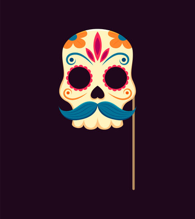 Dead day photo booth mask with props. Mexican dia de los muertos holiday vibrant and intricate sugar skull with mustaches, colorful patterns, flowers, and ornate details, perfect for celebratingのイラスト素材