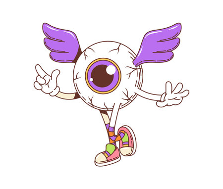 Cartoon retro groovy Halloween eye character for horror night holiday, vector comic. Groovy funky or hippie zombie dead eye with wings for Halloween trick or treat party spooky and scary emoji stickerのイラスト素材
