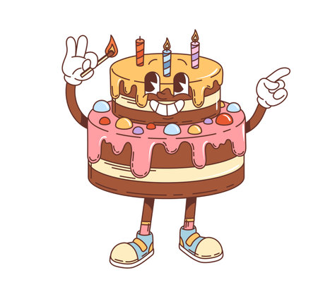 Retro groovy birthday cake character. Isolated cartoon vector festive pastry personage ready to light the candles, with colorful icing and a big smile, enjoying cheerful birthday event celebrationのイラスト素材
