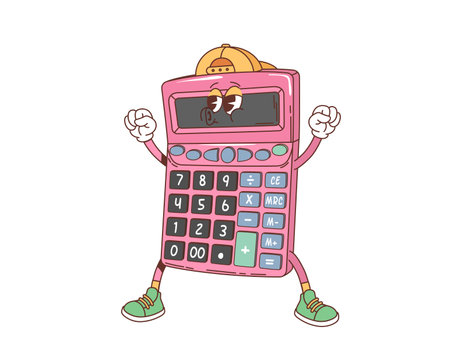 Cartoon retro groovy school calculator character with funky face, vector funny personage. 70s hippie or groovy retro cartoon calculator with happy smile for back to school and student educationのイラスト素材