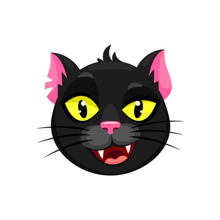 Cartoon Halloween black cat emoji character. Isolated vector cute and eerie feline animal face, emotion with wide yellow eyes and playfully spooky toothy grin, for festive Hallowmas messages and postsのイラスト素材