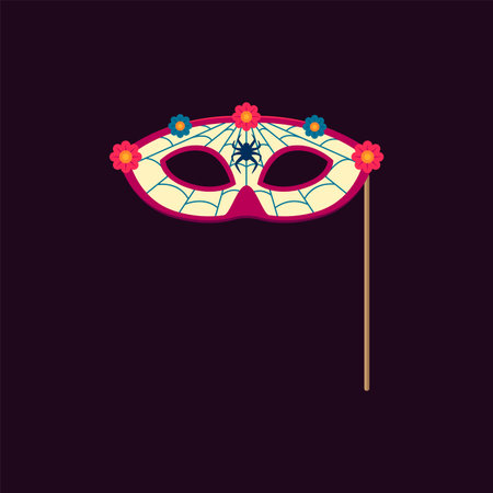 Dead day photo booth mask with props. Mexican dia de los muertos holiday disguise with flowers, eerie spider and cobweb, creating an unsettling ambiance that captures the essence of halloween allureのイラスト素材