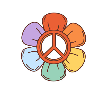 70s, 80s retro cartoon groovy flower with peace sign and rainbow petals, vector hippie daisy symbol. Hippie flower power for peace and love in groovy retro cartoon for good positive vibes and peaceのイラスト素材