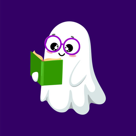 Cartoon kawaii Halloween ghost character wearing glasses reading a book. Isolated vector smart spook bookworm enjoying fairytale stories with happy face expression, during festive and funny nightのイラスト素材