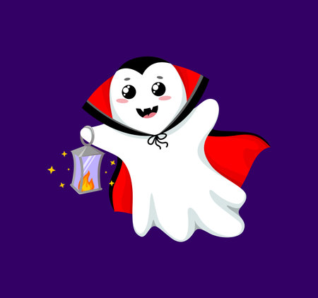 Cartoon kawaii Halloween ghost character in cute vampire costume with black cape, red collar and fangs, carrying glowing lantern during in trick or treat party. Isolated vector playful spooky phantomのイラスト素材