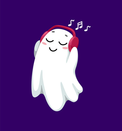 Cartoon kawaii Halloween ghost character wearing red headphones, enjoying music. Isolated vector cute little spook or phantom radiating adorable charm and spooky fun while listening festive melodyのイラスト素材