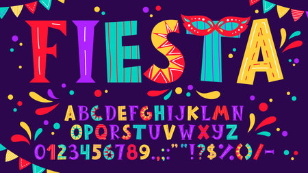 Circus funny font, carnival typeface, doodle cute type, kids English alphabet. Cartoon vector fiesta themed abc letters, signs and numbers set, featuring playful festive party lettering styleのイラスト素材