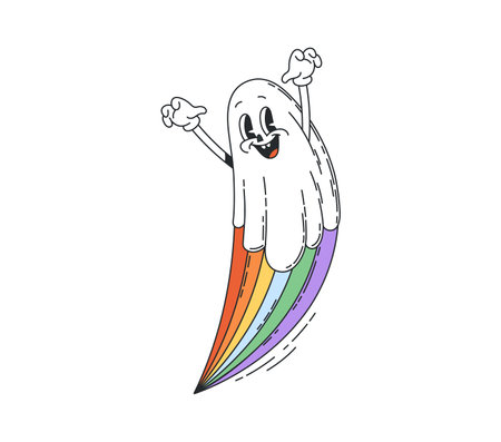 Cartoon Halloween groovy ghost character with happy boo face and rainbow, retro vector. Halloween holiday horror night cartoon groovy ghost with happy smiling and funky face in retro 70s hippie artのイラスト素材