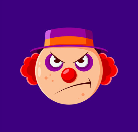 Halloween holiday cartoon clown emoji character. Spooky sinister funnyman with an angry face expression, fiery eyes, and red nose. isolated vector evil funster emoticon for festive messages and chatsのイラスト素材