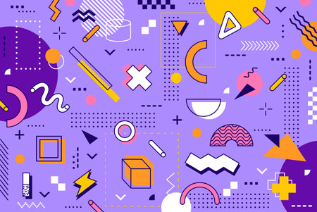 Abstract hipster Memphis background with pattern of geometric simple line shapes, vector Y2K. Modern...