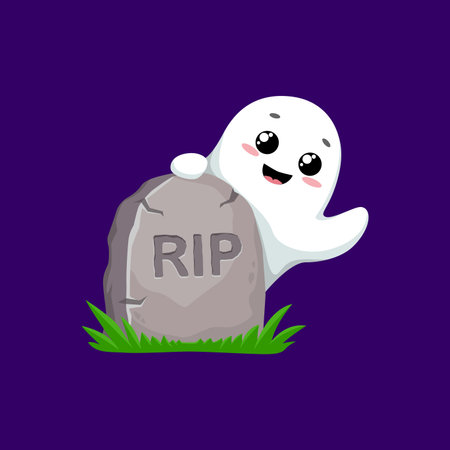 Cartoon kawaii Halloween ghost character happily peeking out the tombstone with RIP inscribed. Isolated vector adorable spook phantom wandering among graves on the night cemetery at festive nightのイラスト素材