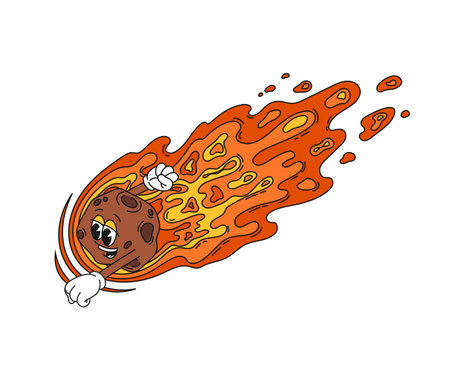 Groovy retro cartoon space asteroid or comet character with funny face, vector funky comic art. Groovy asteroid or galaxy meteor with burning fire flames flying with punch fist and quirky smileのイラスト素材