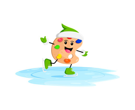 Cartoon Christmas paint palette, school education item character adorned with holiday colors, gracefully glides across the ice rink. Isolated vector personage spreading artistic cheer at wintertimeのイラスト素材