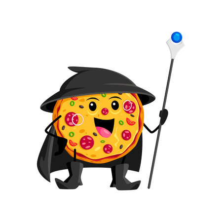 Cartoon Halloween pizza fast food mage, wizard and witch character. Isolated vector whimsical personage with cheese, pepperoni, cloak and hat, conjuring with a staff, casting delicious culinary spellsのイラスト素材