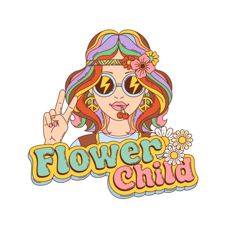 Retro groovy hippie woman character with rainbow hair in sunglasses, 70s vector art. Young girl hippie in retro groovy cartoon with daisy flowers, peace sign earrings and fingers gesture with quoteのイラスト素材