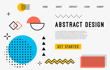 Memphis landing page with modern geometric shape elements, vector template background. Memphis landing page for website with home menu buttons and minimal shapes or abstract geometric figuresのイラスト素材