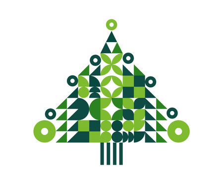 Christmas geometric pine tree of abstract modern pattern, vector holiday banner. Christmas tree in pattern of simple shapes with circle baubles mosaic and green geometric branches for winter holidayのイラスト素材