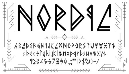 Viking font or Nordic rune type and ethnic Scandinavian typeface, vector Norse epic alphabet. Medieval Viking font with ancient Nordic runes letters of English alphabet in runic script thin typefaceのイラスト素材