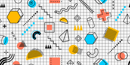 Abstract geometric memphis seamless pattern background. Vector ornament with retro modern shapes and...
