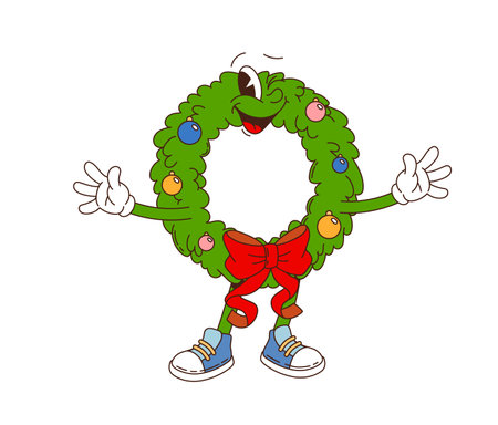 Retro groovy Christmas wreath character, adorned with ornaments and red bow. Isolated cartoon vector joyful xmas wreath personage with smiling winking face, festive holiday decoration in hippie styleのイラスト素材