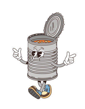 Groovy retro cartoon travel character, conserves food tin can with funky face, vector comic smile. Groovy travel emoji or emoticon of open tin can with traveler or tourist food for summer vacationsのイラスト素材