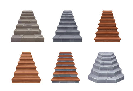 Stone and wooden stairs, castle staircase and stairway for arcade game elements, cartoon vector. Stairs ladder with stone rock tile steps or wood planks for floor stairway or game level staircaseのイラスト素材