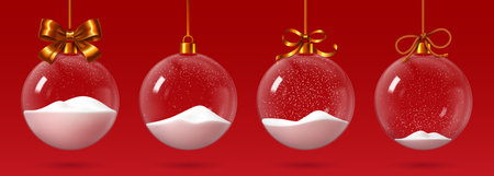 Christmas glass bauble with snow. Realistic 3d vector transparent glass spheres for xmas and new year winter holiday celebration. Crystal baubles ornament with snowflakes, elegant festive decorationのイラスト素材