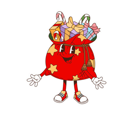 Retro cartoon groovy Christmas gifts bag character for winter holiday, vector funny emoji. Groovy Santa bag with Christmas gift boxes or candy sweets with funky happy face and silly smile for New Yearのイラスト素材