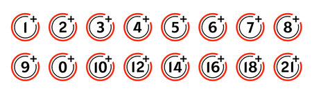 Under age signs, restriction symbols from 1 to 21 plus in black red circles. Isolated vector set caution media symbols for content rating, website compliance, age verification, regulation and safetyのイラスト素材