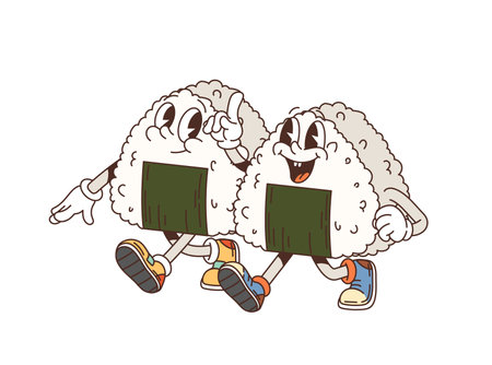 Cartoon funny retro groovy onigiri couple characters walking playfully together. Vector triangular rice ball pair, Japanese sushi, Asian restaurant meal personages with happy faces and joyful moodのイラスト素材