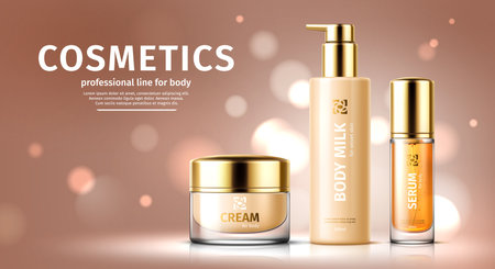Cosmetic product templates, body milk, serum and cream package realistic 3d vector mockups. Elegant for skincare and beauty advertising banner, showcasing luxury packaging with a soft bokeh backgroundのイラスト素材