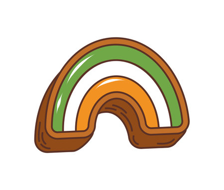 Cartoon groovy Irish rainbow cookie, saint Patrick day holiday pastry dessert. Isolated vector sweet delightful traditional Ireland treat with colorful green, white and orange stripes and sweet glazeのイラスト素材
