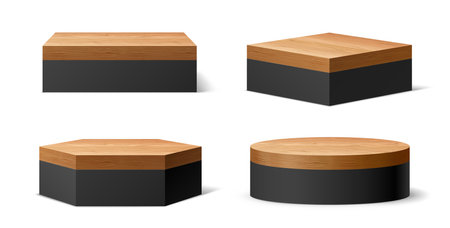 3d black podium stage with wooden floor plate for showcasing products or presentations. Vector realistic modern and stylish scenes of round, square, hexagonal shapes for commercial promotional eventsのイラスト素材