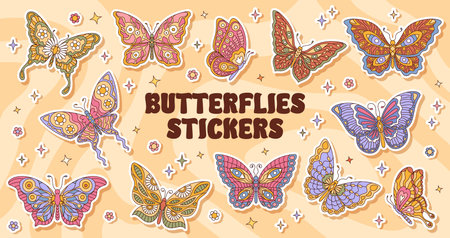 Groovy butterfly insects stickers pack. Cartoon vector patches for decorating or scrapbooking with whimsical butterflies adorned with intricate patterns and floral motifs, evoking a retro aestheticのイラスト素材