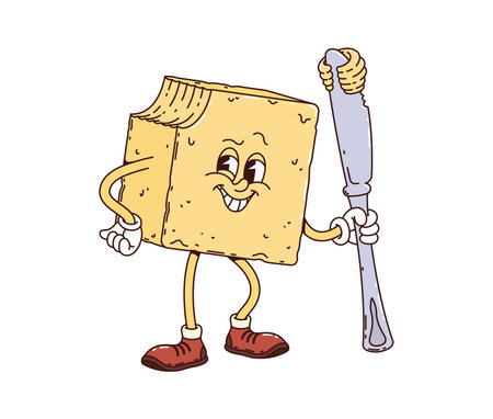 Butter retro groovy breakfast character. Isolated cartoon vector playful pat of butter, humorous food personage wearing red shoes, with a bite taken out of the corner, holding a knife and smilingのイラスト素材
