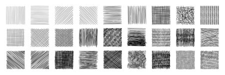 Line crosshatch patterns range from simple to complex, offering a variety of textures and artistic styles. Vector set of monochrome hand drawn abstract backgrounds. Cross hatch pencil doodle shadingのイラスト素材