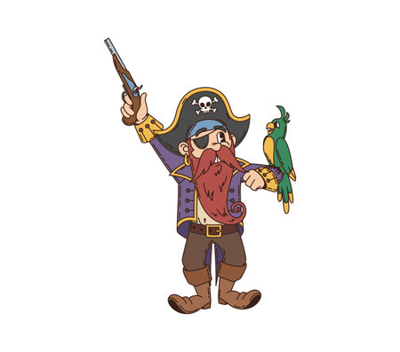 Cartoon groovy pirate and corsair character with a green parrot on his shoulder aims a flintlock pistol. Isolated vector picaroon personage with beard and excited expression, wears eye patch and hatのイラスト素材