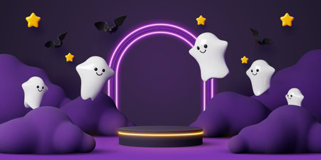 3d Halloween podium with flying ghosts and bats. Vector holiday scene featuring a pedestal surrounded by friendly spooks, purple clouds and bats at dark backdrop with glowing stars and neon light archのイラスト素材