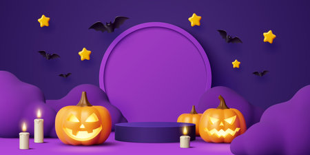 3d Halloween podium stage with pumpkins, candles and flying bats. Festive eerie and spooky scene featuring round platform surrounded by glowing jack lanterns and candlelight on dark purple backgroundのイラスト素材