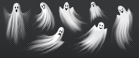 Realistic Halloween scary flying ghosts. Isolated 3d vector set of transparent white ghoul or spirit silhouettes with spooky faces. Horror holiday floating phantoms or nightmare shadows, foggy figuresのイラスト素材