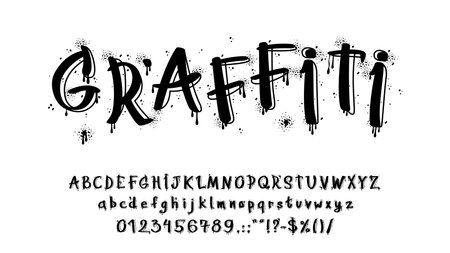 Graffiti font, spray letters font. Black alphabet with dripping paint effect. Vector bold uppercase and lowercase letters, numbers and special characters with street art edgy urban culture aestheticのイラスト素材